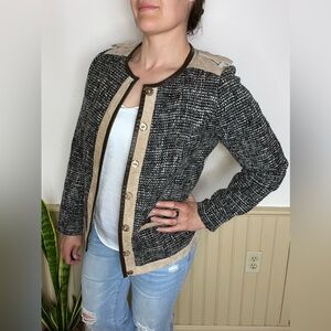 Bradley Bayou Vintage Gray Tweed Tan Leather Varsity Jacket Women’s Size S
